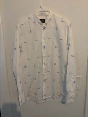 Mirto Classic Line Mandarin Collar Long Sleeve Shirt Size M White Blue Geometric